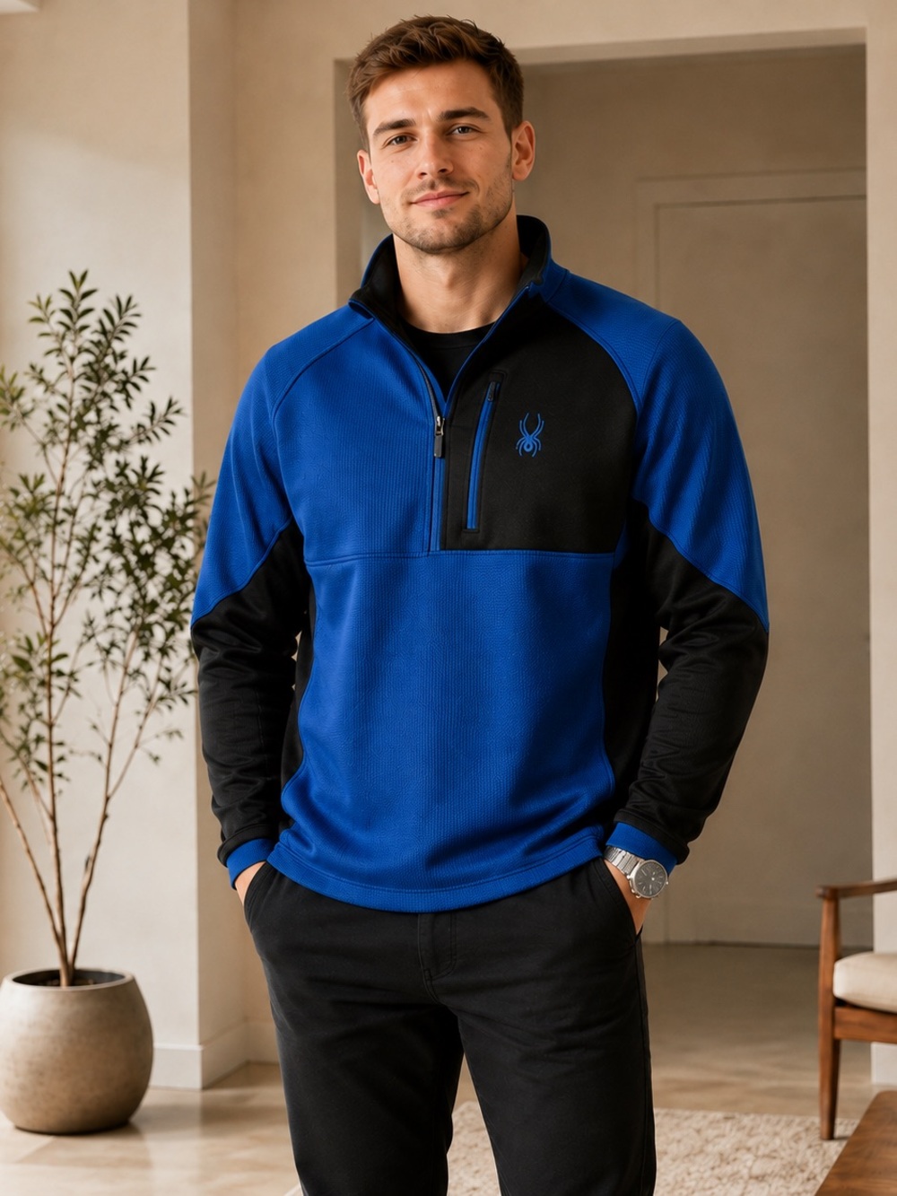 SPYDER Men’s Gait Blue Black Waffle Knit Half Zip Pullover XXL NWT